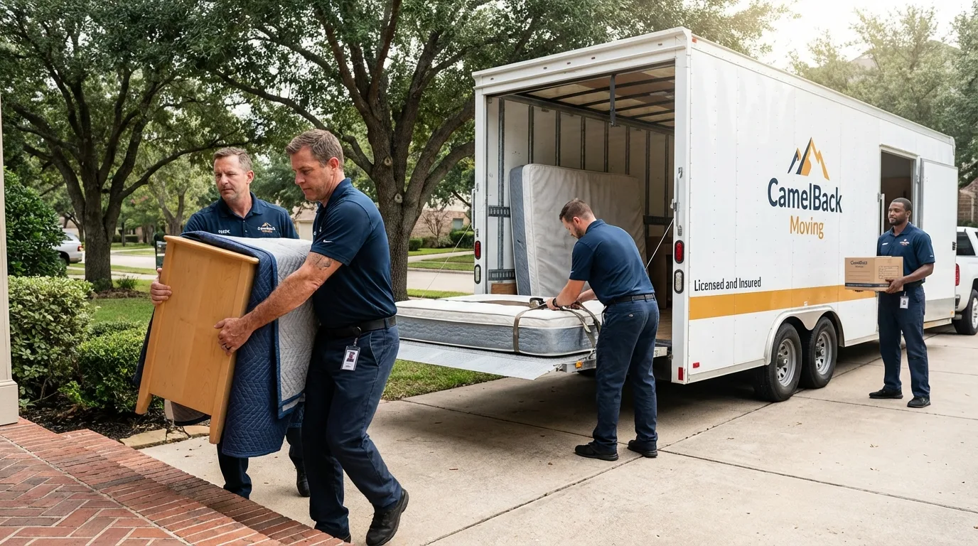 Crew loading residential truck for cross-state move from Jordan, MN