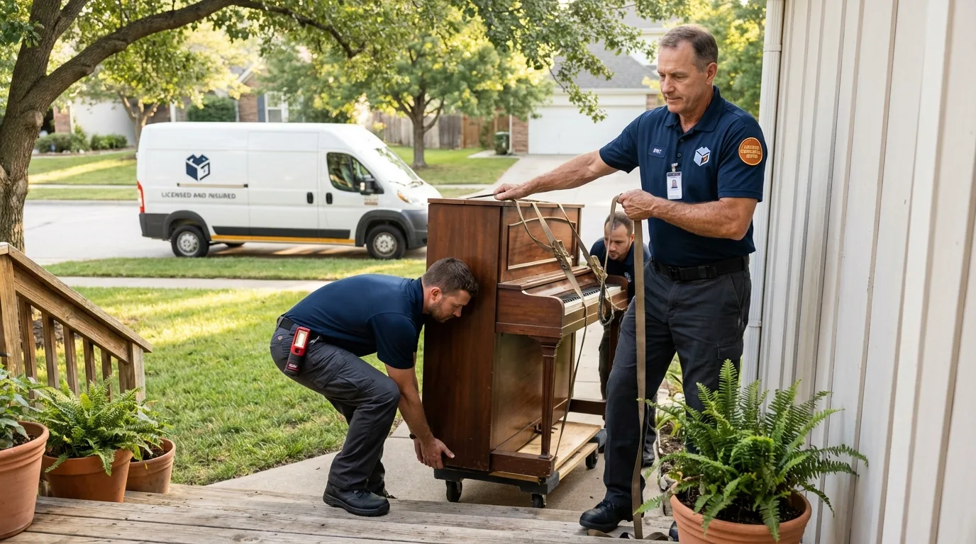 Licensed piano movers securing grand piano in Jordan, MN
