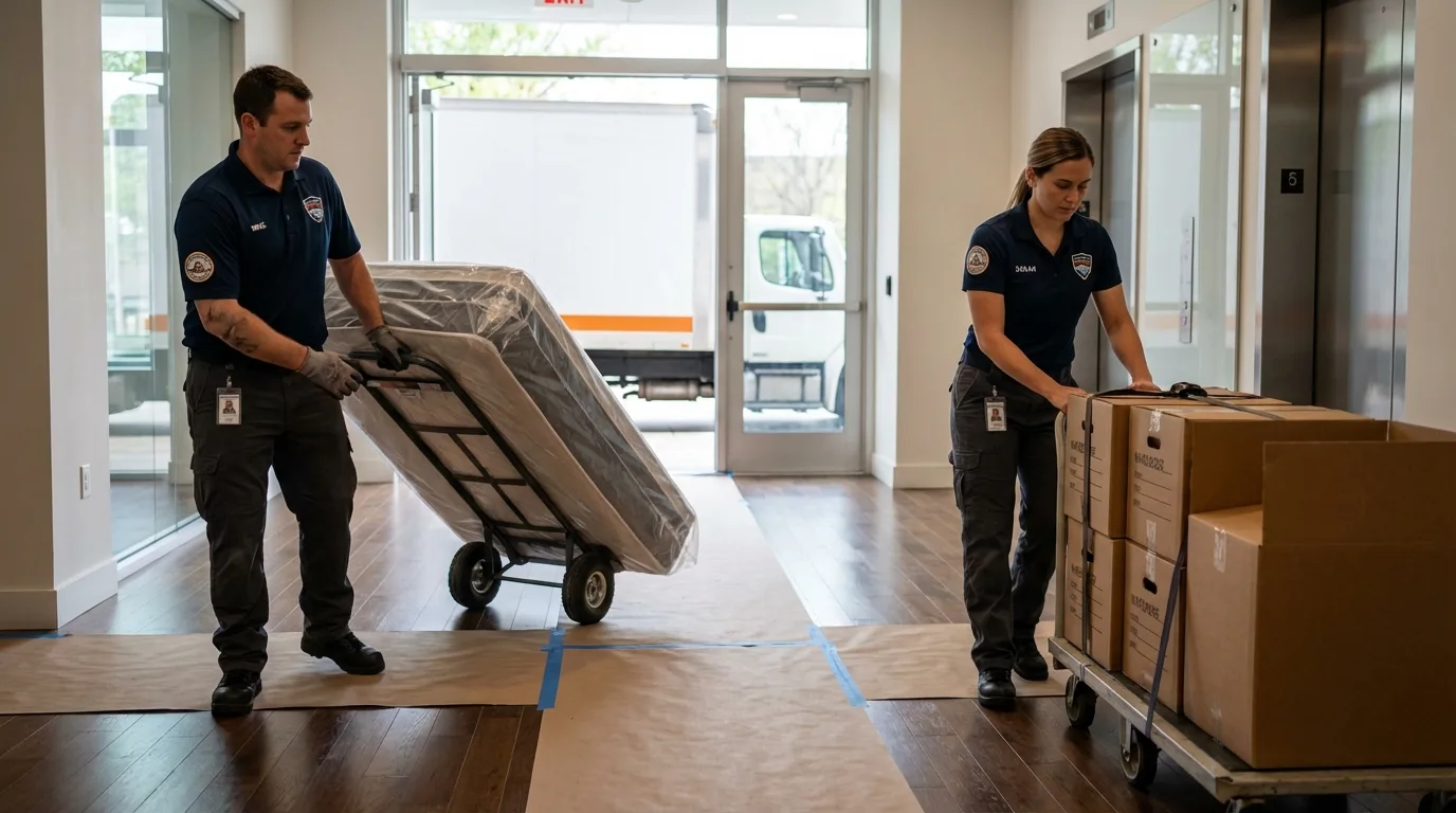 Professional apartment movers loading elevator in Jordan, MN