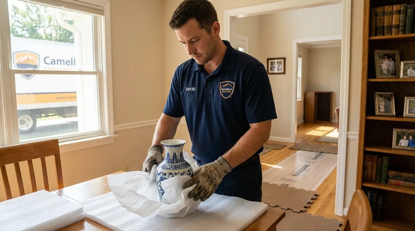 Professional crew carefully wrapping antique vase for senior downsizing move in Jordan, MN